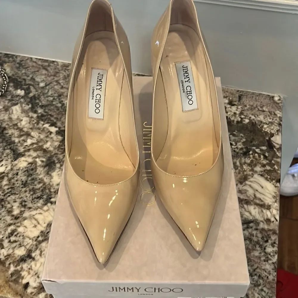 Jimmy Choo Nude Patent Leather Agnes Pointed Toe Pumps